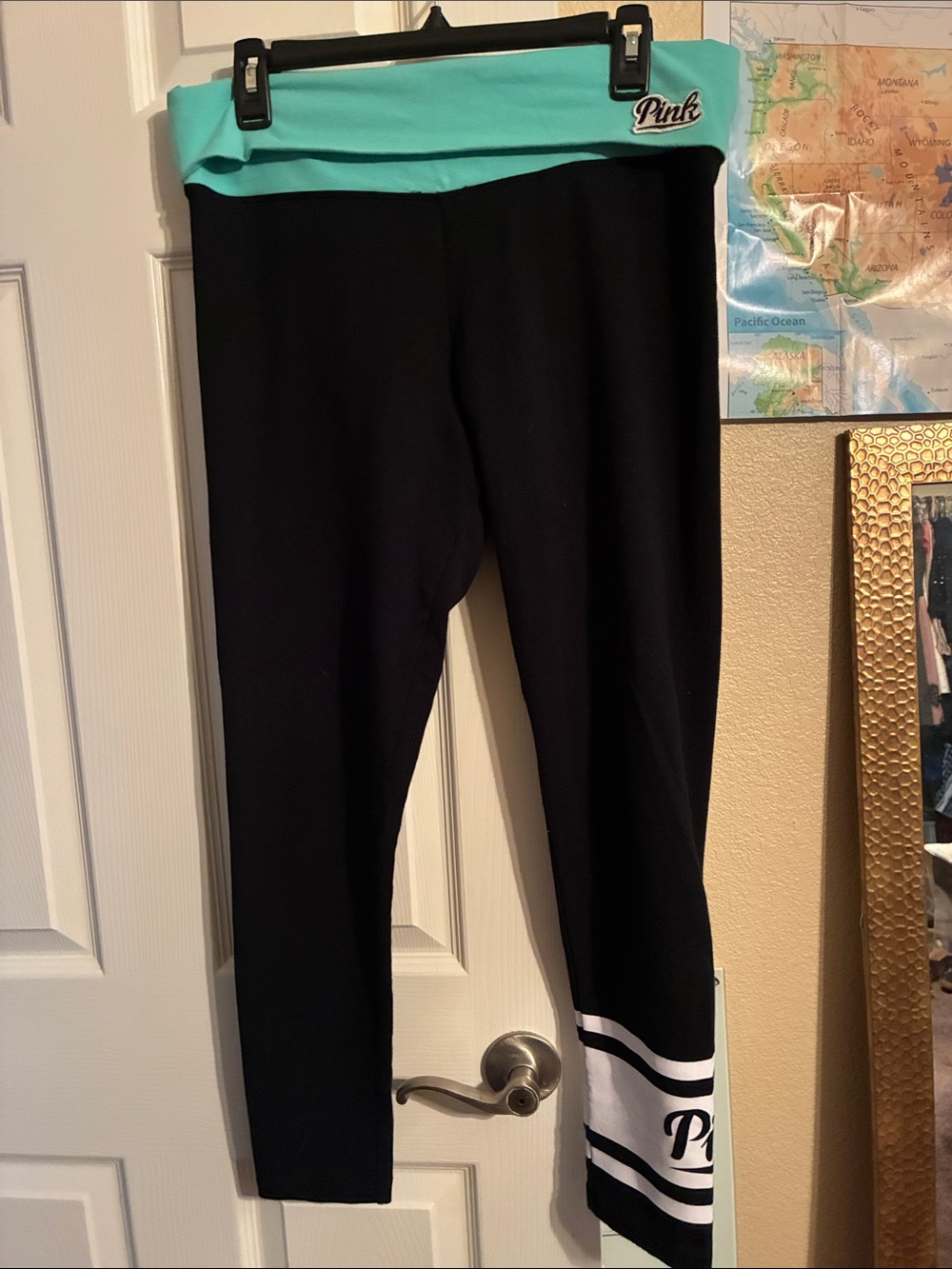 PINK Victoria's Secret Black Yoga pants with Mint Fold-Over Waistband